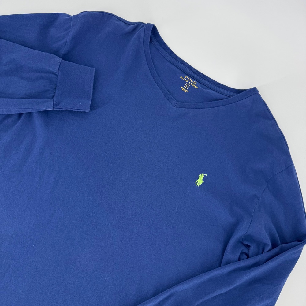 Polo Ralph Lauren Mens Long Sleeve V-Neck Tee Blue Large Classic Logo